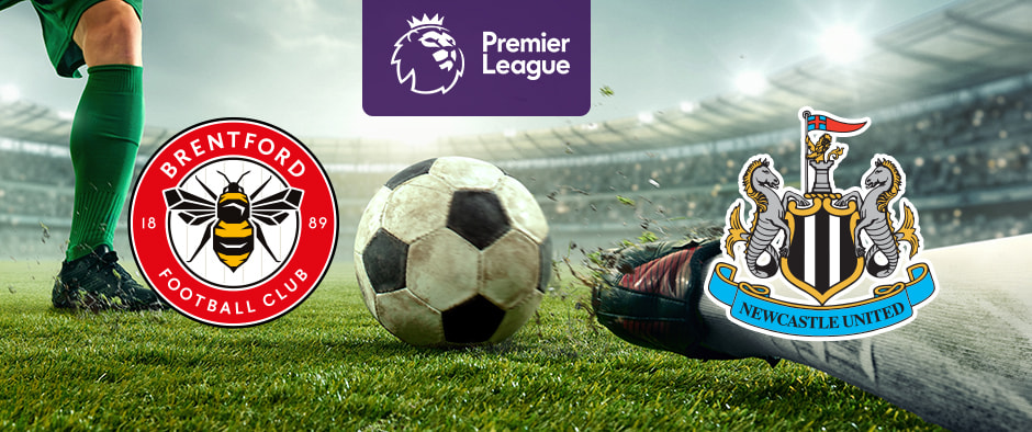 The image features the logos of two Premier League football teams. On the left is Brentford Football Club's logo with a bee. On the right is Newcastle United Football Club's logo with a pair of seahorses and a flag-topped shield. Above the logos is the Premier League logo with a lion's head and "Premier League" on a purple background. The background shows a stadium with players and a football in between the logos, creating an atmosphere of excitement and anticipation.