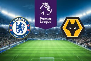The image features the logos of two Premier League football teams. On the left is Chelsea Football Club's logo with a blue lion holding a staff. On the right is Wolverhampton Wanderers' (Wolves) logo with a wolf's head. Above the logos is the Premier League logo with a lion's head and 
