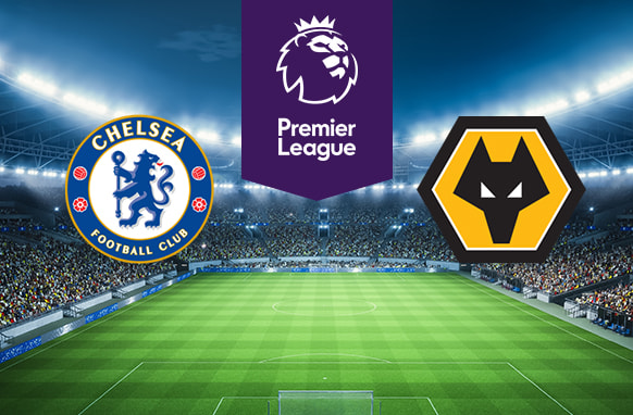 The image features the logos of two Premier League football teams. On the left is Chelsea Football Club's logo with a blue lion holding a staff. On the right is Wolverhampton Wanderers' (Wolves) logo with a wolf's head. Above the logos is the Premier League logo with a lion's head and "Premier League" on a purple background. The background shows a brightly lit stadium filled with spectators, creating an atmosphere of excitement and anticipation.