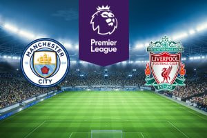 The image features the logos of two Premier League football teams. On the left is Manchester City Football Club's logo with a ship and shield. On the right is Liverpool Football Club's logo with the Liver bird and their motto 
