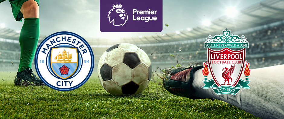 The image features the logos of two Premier League football teams. On the left is Manchester City Football Club's logo with a ship and shield. On the right is Liverpool Football Club's logo with the Liver bird and their motto "You'll Never Walk Alone." Above the logos is the Premier League logo with a lion's head and "Premier League" on a purple background. The background shows a stadium with players and a football in between the logos, creating an atmosphere of excitement and anticipation.