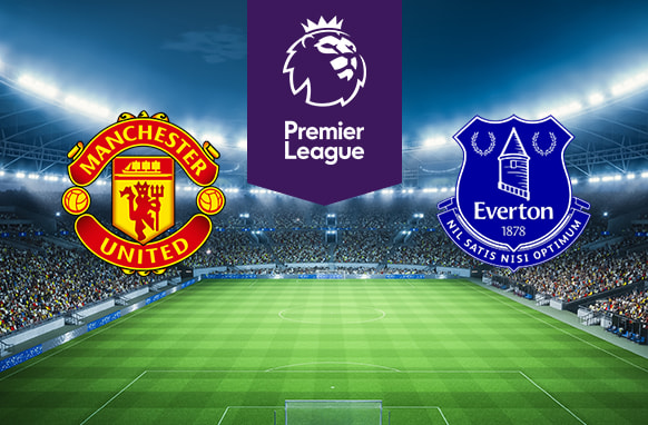 The image features logos representing two football clubs ready for a Premier League match. On the left is the Manchester United logo, which shows a red devil holding a trident against a red and gold shield. On the right is the Everton logo, featuring a blue shield with the club's name, founding year, and a tower with laurel wreaths, along with the Latin motto "Nil Satis Nisi Optimum." Above the logos is the Premier League emblem, showing a crowned lion's head and the text "Premier League." The backdrop is a brightly lit stadium filled with spectators, creating an atmosphere of excitement and anticipation for the match.