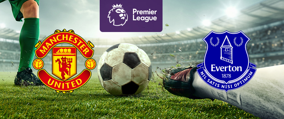 The image highlights the clash between two football clubs in a Premier League game. On the left is the logo of Manchester United, featuring a red devil with a trident set against a red and gold shield. On the right is the logo of Everton, displaying a blue shield with a prominent tower, laurel wreaths, and the club's motto "Nil Satis Nisi Optimum" along with the year 1878. Above the two logos, the Premier League emblem is prominently placed, showcasing a crowned lion's head along with the text "Premier League." The background captures the intensity of the match with a close-up of a football in play on the pitch, accompanied by players' legs in action, and an electrifying stadium atmosphere filled with excited fans.
