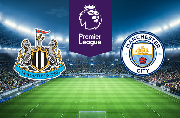 The image features logos representing two football clubs participating in a Premier League match. On the left is the logo of Newcastle United, which includes seahorses, a castle, and a ribbon with the club's name. On the right is the logo of Manchester City, featuring a shield with a ship and a red rose. Above the logos is the Premier League logo, depicting a crowned lion's head with the text "Premier League" beneath it. The background shows a brightly lit stadium filled with spectators, creating an atmosphere of anticipation and excitement for the upcoming match.