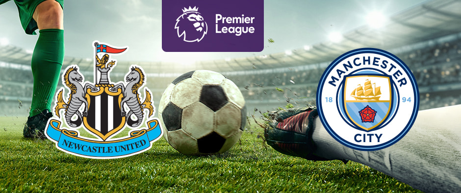 The image features logos representing two football clubs participating in a Premier League match. On the left is the logo of Newcastle United, which includes seahorses, a castle, and a ribbon with the club's name. On the right is the logo of Manchester City, featuring a shield with a ship and a red rose. Above the logos is the Premier League logo, depicting a crowned lion's head with the text "Premier League" beneath it. The background shows a football pitch with a close-up of players' legs and a football, creating an atmosphere of competition and excitement within the stadium.
