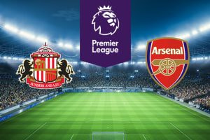 The image features the logos of two Premier League football teams. On the left is Sunderland A.F.C.'s logo with a crest and two lions. On the right is Arsenal's logo with a cannon. Above the logos is the Premier League logo with a lion's head and 