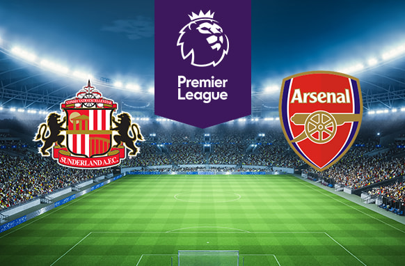 The image features the logos of two Premier League football teams. On the left is Sunderland A.F.C.'s logo with a crest and two lions. On the right is Arsenal's logo with a cannon. Above the logos is the Premier League logo with a lion's head and "Premier League" on a purple background. The background shows a brightly lit stadium filled with spectators, creating an atmosphere of excitement and anticipation.