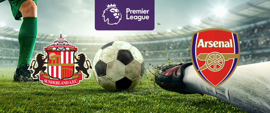 The image features the logos of two Premier League football teams. On the left is Sunderland A.F.C.'s logo with a crest and two lions. On the right is Arsenal's logo with a cannon. Above the logos is the Premier League logo with a lion's head and "Premier League" on a purple background. The background shows a stadium with players and a football in between the logos, creating an atmosphere of excitement and anticipation.