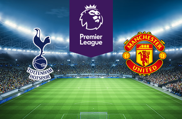 The image features the logos of two Premier League football teams. On the left is Tottenham Hotspur's logo with a cockerel standing on a football. On the right is Manchester United's logo with a red devil holding a trident. Above the logos is the Premier League logo with a lion's head and "Premier League" on a purple background. The background shows a brightly lit stadium filled with spectators, creating an atmosphere of excitement and anticipation.