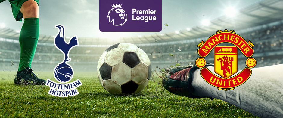 The image features the logos of two Premier League football teams. On the left is Tottenham Hotspur's logo with a cockerel standing on a football. On the right is Manchester United's logo with a red devil holding a trident. Above the logos is the Premier League logo with a lion's head and "Premier League" on a purple background. The background shows a stadium with players and a football in between the logos, creating an atmosphere of excitement and anticipation.