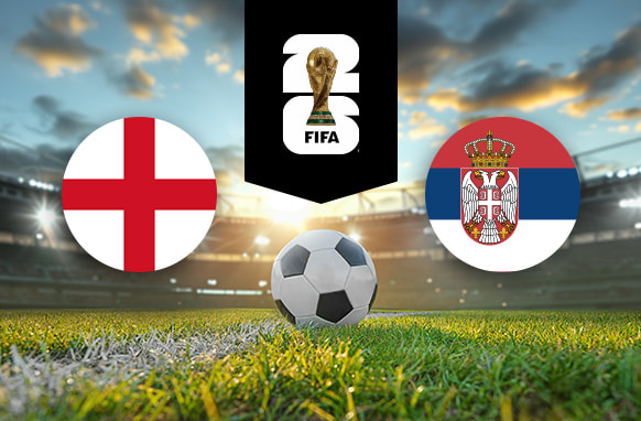 The image features flags representing two football teams participating in an international event. On the left is the flag of England, featuring a red cross on a white background, also known as St. George's Cross. On the right is the flag of Serbia, which consists of three horizontal stripes in red, blue, and white, with a coat of arms featuring a double-headed eagle and a crown. Above the flags is the FIFA 2022 World Cup logo, depicting the World Cup trophy. The background shows a brightly lit stadium at sunset with a football placed on the pitch in the centre, creating an atmosphere of competition and anticipation for the upcoming match.