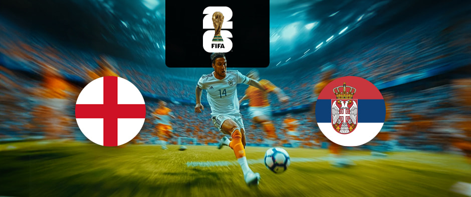 The image features flags representing two football teams participating in an international event. On the left is the flag of England, featuring a red cross on a white background, also known as the St George's Cross. On the right is the flag of Serbia, which consists of three horizontal stripes in red, blue, and white, with a coat of arms featuring a double-headed eagle and a crown. Above the flags is the FIFA 2022 World Cup logo, depicting the World Cup trophy. The background shows a football match in progress with a player in white and orange chasing the ball, creating an atmosphere of excitement and high energy. The stadium is filled with spectators, enhancing the feeling of competition and anticipation.