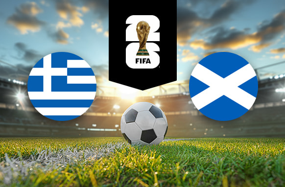 The image features flags representing two football teams participating in an international event. On the left is the flag of Greece, which consists of nine horizontal stripes in blue and white with a white cross on a blue square in the top left corner. On the right is the flag of Scotland, featuring a white saltire (diagonal cross) on a blue background. Above the flags is the FIFA 2026 World Cup logo, depicting the World Cup trophy with the number "26." The background shows a brightly lit stadium at sunset with a football placed on the pitch in the centre, creating an atmosphere of competition and anticipation for the upcoming match.
