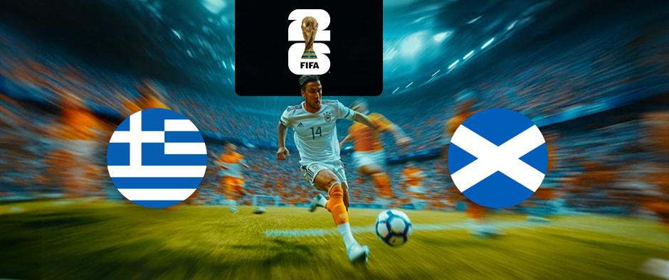 The image features flags representing two football teams participating in an international event. On the left is the flag of Greece, which consists of nine horizontal stripes in blue and white with a white cross on a blue square in the top left corner. On the right is the flag of Scotland, featuring a white saltire (diagonal cross) on a blue background. Above the flags is the FIFA 2026 World Cup logo, depicting the World Cup trophy with the number "26." The background shows a football match in progress with a player in white and orange chasing the ball, creating an atmosphere of excitement and high energy. The stadium is filled with spectators, enhancing the feeling of competition and anticipation.