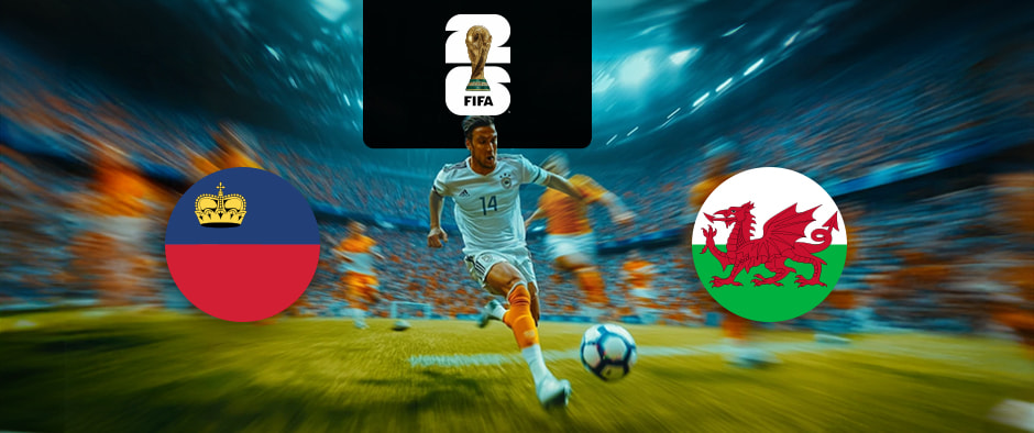 The image features flags representing two football teams participating in an international event. On the left is the flag of Liechtenstein, which consists of two horizontal stripes in blue and red with a golden crown on the blue stripe. On the right is the flag of Wales, which features a red dragon passant on a green and white field. Above the flags is the FIFA 2026 World Cup logo, depicting the World Cup trophy with the number "26." The background shows a football match in progress with a player in white and orange chasing the ball, creating an atmosphere of excitement and high energy. The stadium is filled with spectators, enhancing the feeling of competition and anticipation.