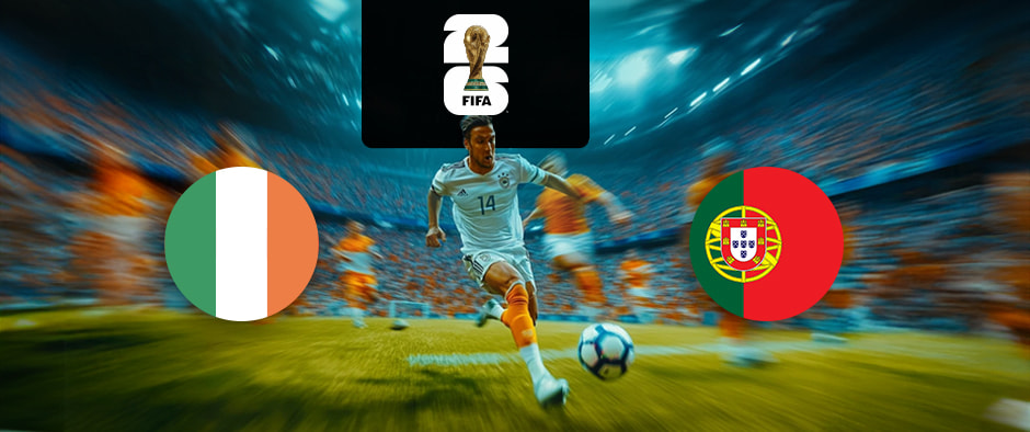 The image features flags representing two football teams participating in an international event. On the left is the flag of Ireland, which consists of three vertical stripes in green, white, and orange. On the right is the flag of Portugal, featuring a red and green background with a coat of arms in the middle. Above the flags is the FIFA 2022 World Cup logo, depicting the World Cup trophy. The background depicts a football match in progress, featuring a player in white and orange chasing the ball, which creates an atmosphere of excitement and high energy. The stadium is filled with spectators, enhancing the feeling of competition and anticipation.