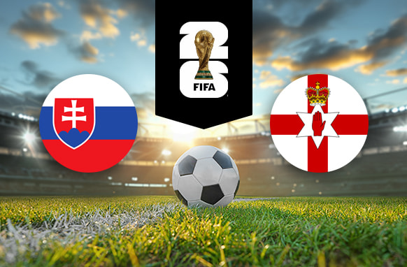 The image features flags representing two football teams participating in an international event. On the left is the flag of Slovakia, which includes horizontal stripes of white, blue, and red with a shield featuring a double cross atop three blue hills. On the right is the flag of Northern Ireland, featuring a red cross on a white background with a six-pointed star, a red hand in the centre, and a crown above. Above the flags is the FIFA 2026 World Cup logo, depicting the World Cup trophy. The background shows a brightly lit stadium at sunset with a football placed on the pitch in the centre, creating an atmosphere of competition and anticipation for the upcoming match.