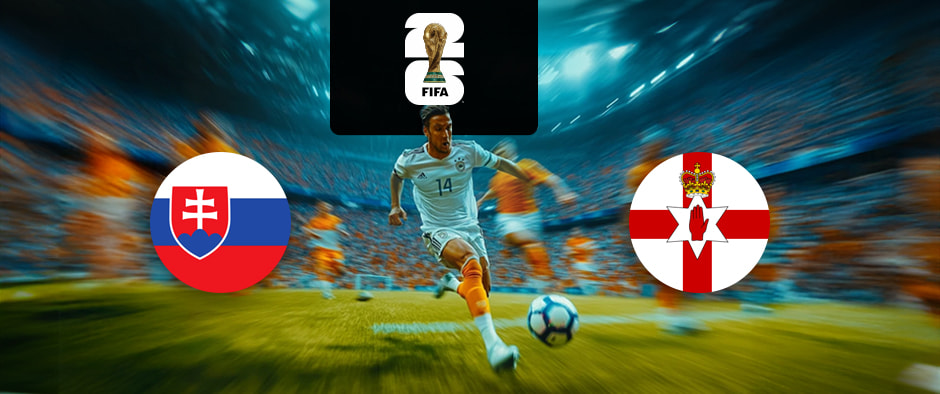 The image features flags representing two football teams participating in an international event. On the left is the flag of Slovakia, which includes horizontal stripes of white, blue, and red with a shield featuring a double cross atop three blue hills. On the right is the flag of Northern Ireland, featuring a red cross on a white background with a six-pointed star, a red hand in the centre, and a crown above. Above the flags is the FIFA 2022 World Cup logo, depicting the World Cup trophy. The background shows a football match in progress with a player in white and orange chasing the ball, creating an atmosphere of excitement and high energy. The stadium is filled with spectators, enhancing the feeling of competition and anticipation.