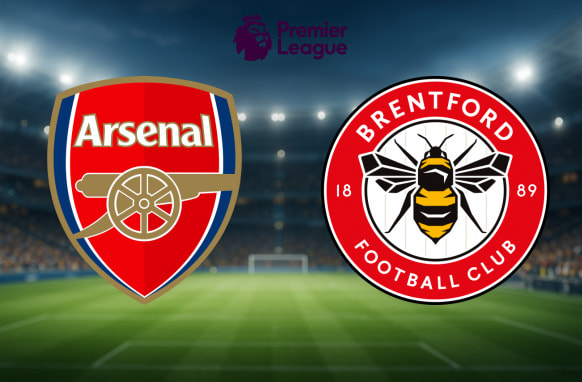 A vibrant illustration displaying the crests of two English Premier League football clubs, Arsenal F.C. and Brentford F.C. Arsenal's emblem showcases a red shield with a gold cannon and the name "Arsenal" at the top in white letters, positioned on the left. On the right, Brentford's logo features a stylised bee within a circular red and white badge with the text "Brentford Football Club" around the edge, and "1889" on either side of the bee. Both logos are set against the backdrop of a floodlit football stadium, with the Premier League logo and text prominently displayed at the top centre.