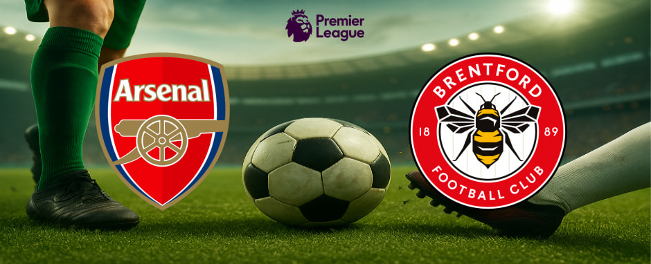 A vibrant illustration displaying the crests of two English Premier League football clubs, Arsenal F.C. and Brentford F.C. Arsenal’s emblem, featuring a red shield with a gold cannon and the club's name "Arsenal" in white letters, is positioned on the left. On the right, Brentford’s logo showcases a stylised bee within a circular red and white badge with the text "Brentford Football Club" around the edge, and "1889" on either side of the bee. Between the logos, a large football is placed on the ground with players' legs from both teams visible, ready to kick off. This scene is set against the backdrop of a floodlit football stadium, with the Premier League logo and text prominently displayed at the top centre.