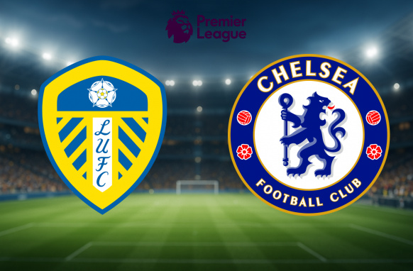 An illustration showcasing the crests of two football clubs. On the left is the Leeds United F.C. emblem, characterised by a yellow shield with blue accents and the initials "LUFC" beneath a white rose. On the right is the Chelsea F.C. logo, featuring a blue lion holding a staff, encircled by a blue ring with the club's name "Chelsea Football Club" written in white, and red rose emblems. The background depicts a floodlit football stadium, and the Premier League logo is prominently displayed at the top centre.