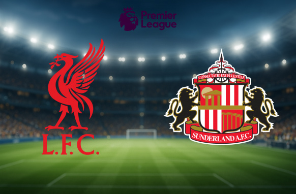 A vibrant illustration displaying the crests of two football clubs. On the left, the Liverpool F.C. logo features a stylised red liver bird with the letters "L.F.C" beneath it. On the right, the Sunderland A.F.C. crest includes two lions flanking a shield with various symbols, all above a banner that reads "Sunderland A.F.C." Both logos are set against the backdrop of a floodlit football stadium, with the Premier League logo and text prominently displayed at the top centre.