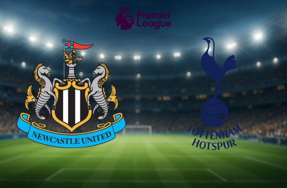 A vibrant illustration displaying the crests of two English Premier League football clubs, Newcastle United and Tottenham Hotspur. Newcastle United's logo, featuring two seahorses flanking a shield with a castle and a lion above a banner that reads "Newcastle United," is positioned on the left. On the right, Tottenham Hotspur's emblem showcases a stylised navy blue cockerel standing on a football, with the club's name "Tottenham Hotspur" written in an arc below. Both logos are set against the backdrop of a floodlit football stadium, with the Premier League logo and text prominently displayed at the top centre.