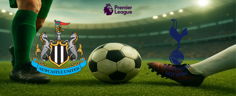 A vibrant illustration displaying the crests of two English Premier League football clubs, Newcastle United and Tottenham Hotspur. Newcastle United's logo, featuring two seahorses flanking a shield with a castle and a lion above a banner that reads "Newcastle United," is positioned on the left. On the right, Tottenham Hotspur's emblem showcases a stylised navy blue cockerel standing on a football, with the club's name "Tottenham Hotspur" written in an arc below. Between the logos, a large football is placed on the ground with players' legs from both teams visible, ready to kick off. This scene is set against the backdrop of a floodlit football stadium, with the Premier League logo and text prominently displayed at the top centre.